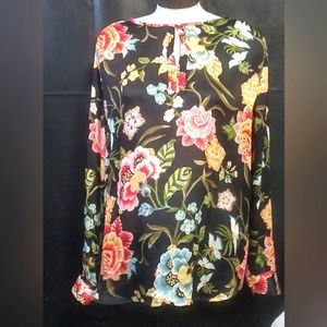 LOFT Women's Black Floral Long sleeve  Blouse Size L in Excellent Used Condition